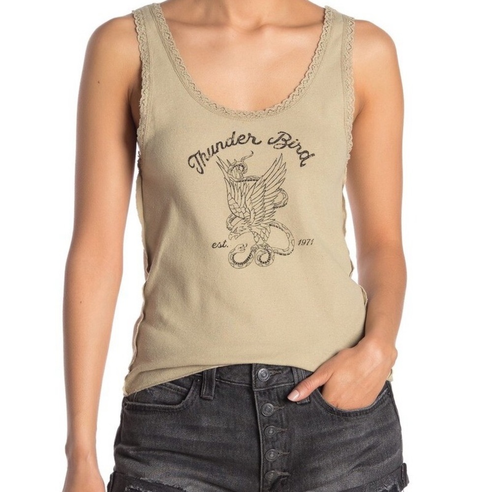 FreePeople Beige Lace-Trim Graphic Tank Top - Thunder Bird